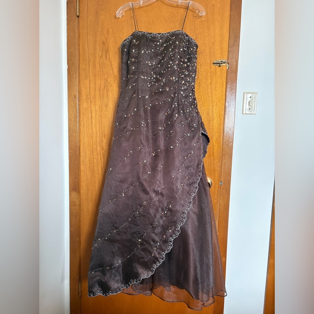 Elegant Brown Beaded Evening Gown